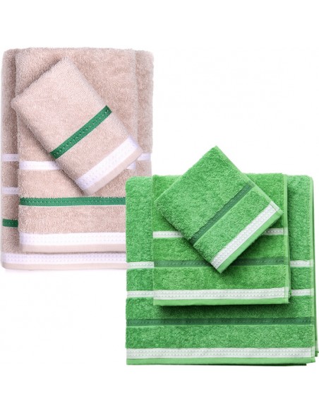 PACK DE 2 SET DE 3 TOALLAS DE BAÑO CADA UNO EN COLOR VERDE Y BEIGE A RAYAS