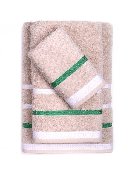 PACK DE 2 SET DE 3 TOALLAS DE BAÑO CADA UNO EN COLOR VERDE Y BEIGE A RAYAS